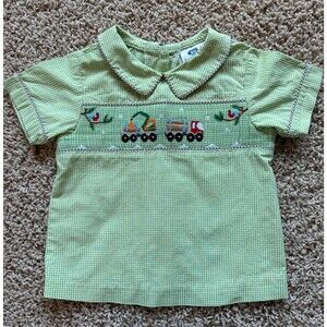 Beaux et Belles Smocked Shirt Boys Size 2T Green Gingham Logging Truck Design